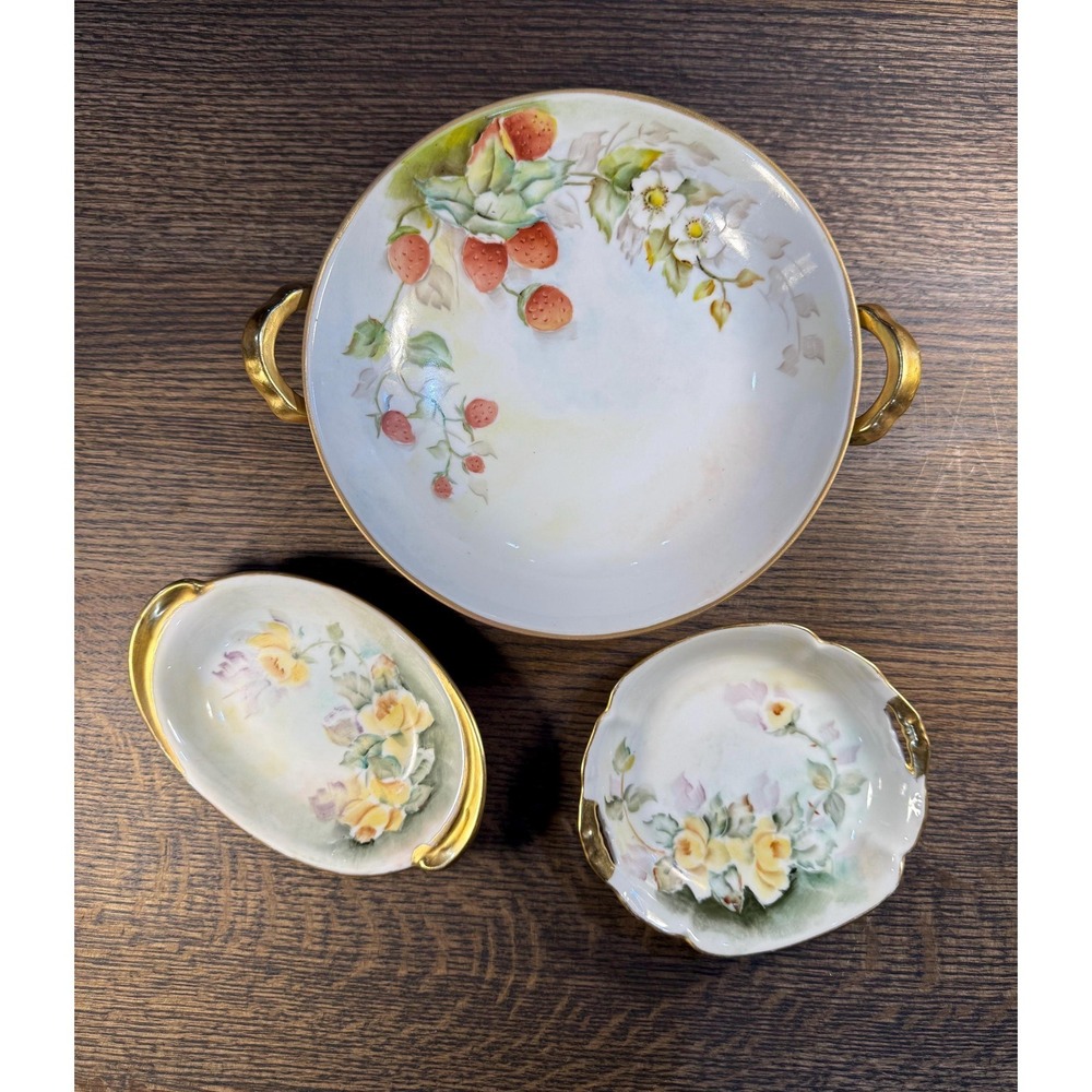 Antique Hand-Painted Porcelain Bowl Trio: B.H. Heinard Floral‎ & Strawberry Set